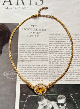 欧美宫廷中古风vintage复古气质金色闪钻椭圆做旧短款项链耳环女