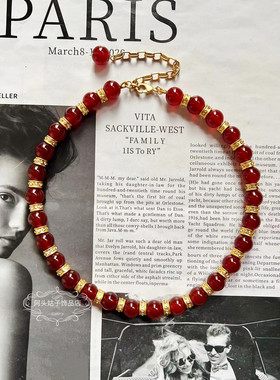 欧美宫廷中古vintage复古气质玛瑙天然石金属闪钻短款项链耳环女