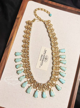 欧美宫廷中古vintage复古铜镀金做旧树叶松石水滴流苏项链耳环女