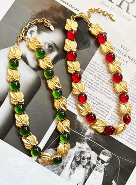 欧美中古风红绿琉璃树叶项链手链