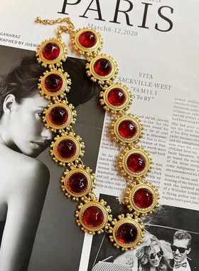 欧美复古红绿琉璃金属耳环项链女