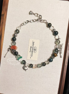 新中式vintage复古气质绿幽灵水晶天然石串珠流苏项链手链耳环女