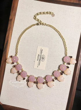 欧美宫廷风中古vintage复古气质做旧粉色爱心花朵闪钻项链耳环女