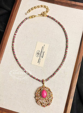 欧美宫廷中古vintage复古气质做旧粉色闪钻天然石项链手镯耳环女