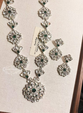 欧美宫廷风中古vintage复古气质重工闪钻宝石花朵项链耳环套装女