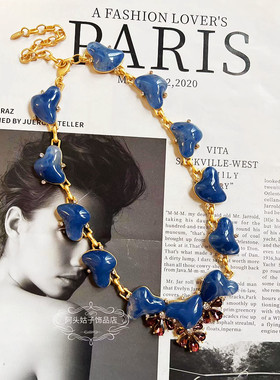 欧美中古蓝色不规则树脂耳环项链