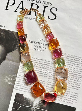欧美风复古气质彩色透明树脂果冻几何方形金属耳环短款锁骨项链女