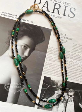 欧美宫廷中古vintage复古气质孔雀石黑色串珠长款毛衣项链耳环女
