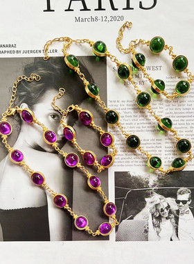 欧美风绿紫色琉璃短款项链手链女