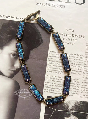 欧美宫廷中古vintage复古气质做旧蓝色蝴蝶长方形短款项链耳环女