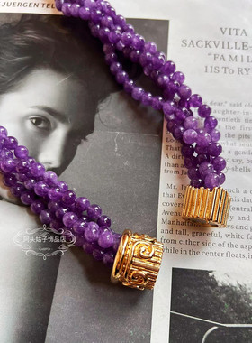 欧美中古vintage复古气质紫色天然石串珠缠绕短款项链金属耳环女