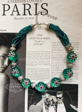 欧美宫廷中古vintage复古气质绿色树脂南瓜珠闪钻串珠项链耳环女