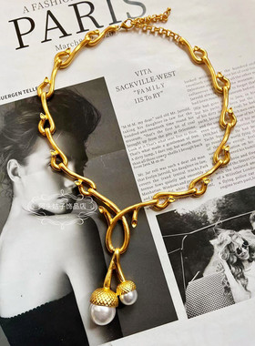 欧美中古复古松果珍珠耳环项链女