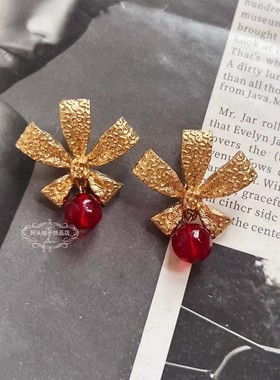 欧美宫廷风中古vintage复古气质红色琉璃串珠缠绕短款项链耳环女