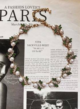 欧美宫廷风中古vintage复古气质做旧绿色珍珠树叶项链耳环套装女