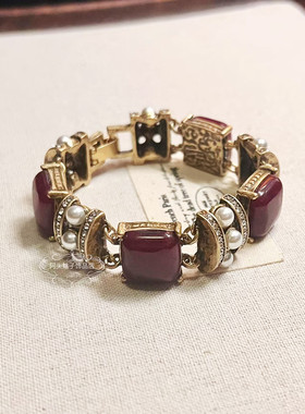 宫廷中古vintage复古气质做旧红色方形天然石珍珠项链耳环手链女