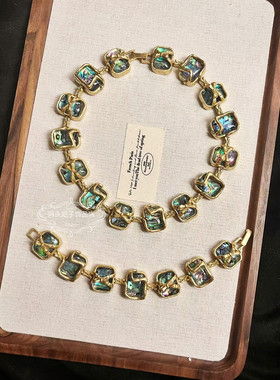 欧美宫廷风中古vintage复古铜镀金做旧鲍鱼贝方形短款项链手链女