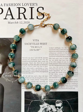 欧美宫廷中古vintage复古气质天然石琉璃串珠短款项链金属耳夹女