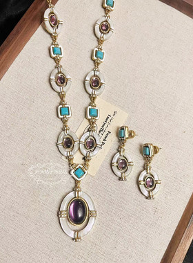 欧美宫廷中古vintage复古气质铜镀金做旧蓝松石紫琉璃项链耳环女