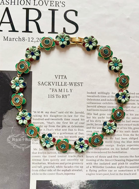 欧美宫廷风中古vintage复古做旧绿色花朵滴油闪钻项链耳环手链女