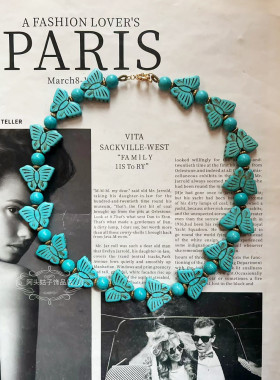 欧美风复古气质vintage做旧蓝色松石蝴蝶串珠项链手链耳环套装女