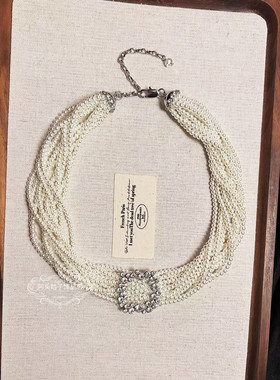 欧美宫廷风中古vintage复古气质银色多层珍珠闪钻项链耳环套装女