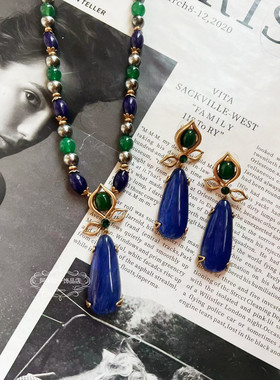 欧美宫廷风中古vintage复古气质蓝绿色水滴天然石珍珠项链耳环女
