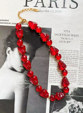 欧美宫廷中古vintage复古气质红色树脂不规则几何短款项链耳环女