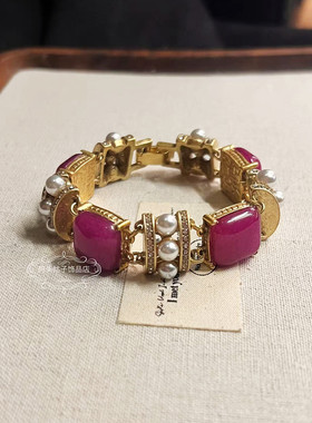 宫廷中古vintage复古气质做旧红色方形天然石珍珠项链耳环手链女