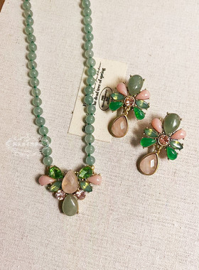 欧美宫廷中古vintage复古气质绿粉色水滴天然石串珠短项链耳环女