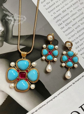 欧美中古蓝色花朵长款项链耳环女