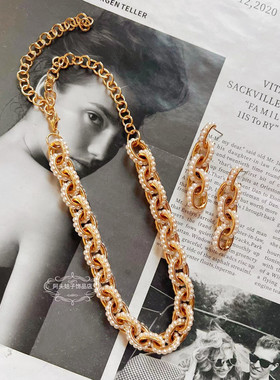 欧美宫廷风中古vintage复古气质珍珠圆环链条金属耳环手链项链女