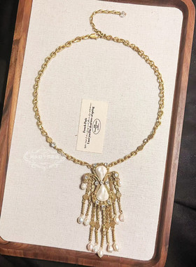 欧美宫廷中古vintage复古铜镀金做旧流苏珍珠闪钻夸张项链耳环女