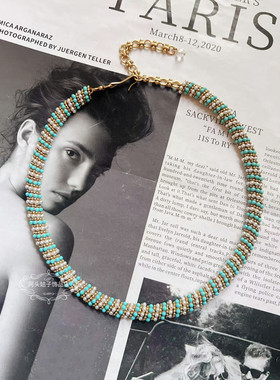 欧美宫廷中古vintage复古气质做旧蓝松石珍珠短款项链扇形耳环女