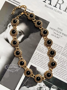 宫廷风中古vintage复古气质黑色琉璃麻花做旧金属短款项链手链女