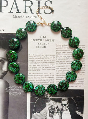 欧美宫廷中古风vintage复古气质绿色圆形天然石串珠短项链耳环女