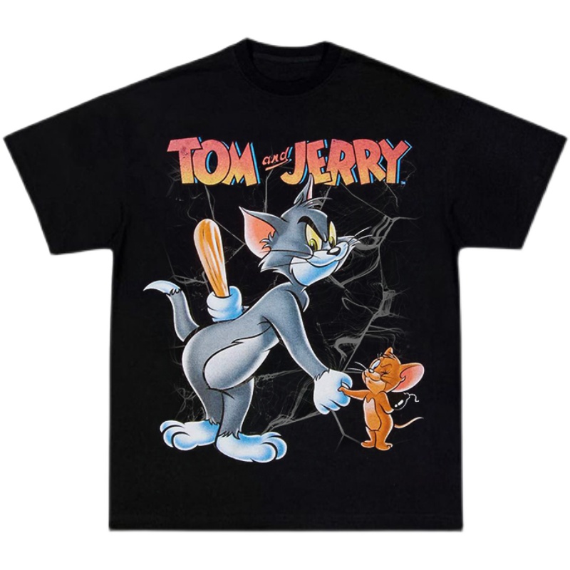 tom and jerry vintage猫和老鼠短袖卡通嘻哈宽松情侣圆领国潮T恤 - 图0