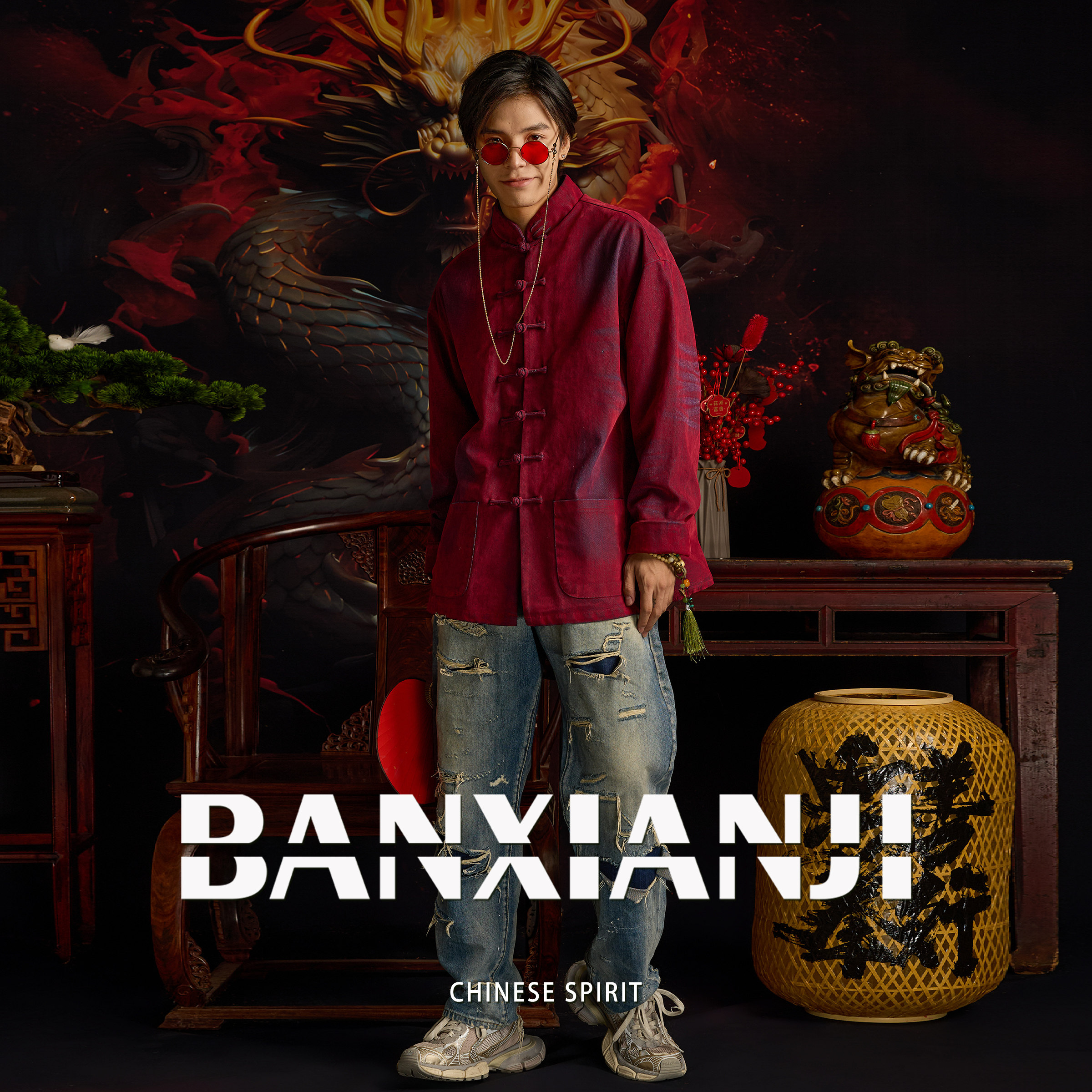 半闲集＜天官赐福＞酒红色植绒牛仔唐装复古中国风外套新中式男装,淘宝优惠券,粉丝福利购,淘宝优惠卷