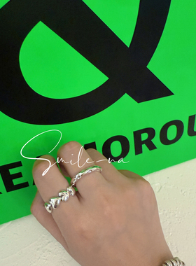 韩国进口小众S925纯银爱心串连重工锤纹加厚实心肌理叠戴戒指指环