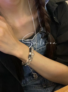 韩国进口925纯银凯旋方牌时尚吊坠坦克链条百搭毛衣链项链男女款