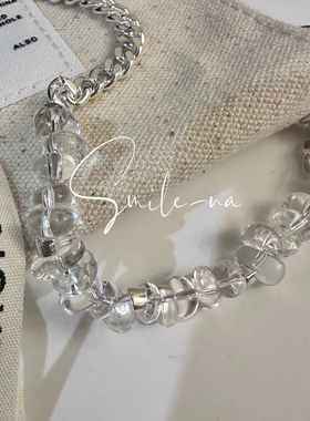 韩国进口S925纯银天然白水晶坦克链重工拼接爱心 吊坠项链锁骨链