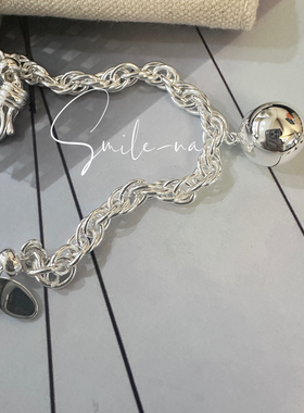 韩国进口小众款925纯银时尚重工大圆球银球吊坠手链手环