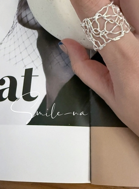 韩国进口S925纯银不规则线条宽面编织女时尚百搭指环食指戒