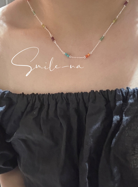 韩国进口小众设计款彩色天然晶石时尚百搭项链锁骨链女