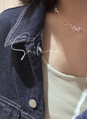 韩国进口小众S925纯银镶嵌锆石蝴蝶结双层闪珠拼接锁骨叠戴项链女