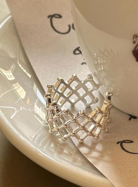 韩国进口S925纯银戒指编织麻花镂空网格戒指指环 开口百搭戒指