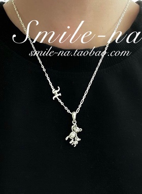 纯银卡通小熊复古吊坠字母项链