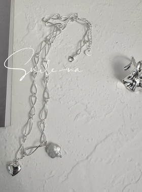 韩国进口小众S925纯银别针爱心吊坠天然异性花朵吊坠锁骨百搭项链