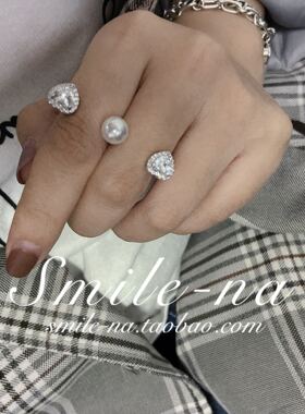 韩国款锆石钻连指珍珠开口戒指