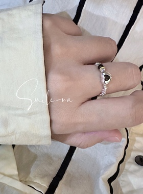 指环爱心韩国黑玛瑙925纯银